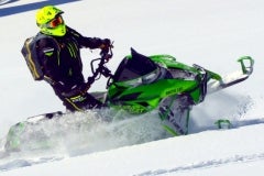The Mountain Cat is narrowed-up, call it cinched in at the waist, to challenge the narrow mountain snowmobiles from the other manufacturers. The MC is silky smooth in the pow pow.