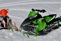 Two ZR 8000s, the Limited (L) and RR (R) for Race Replica. These trail burners and bend straighteners are fast-attack snowmobiles that will satisfy the most power-hangry (hungry plus angry) riders.