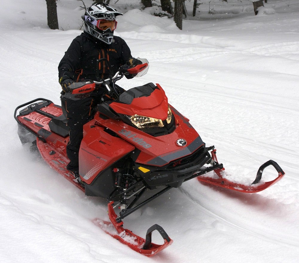 It may be a crossover snowmobile, but for backcountry exploring, the Backcountry X-RS is suitable for long rides with its hybrid ergonomics from the Summit and MXZx.