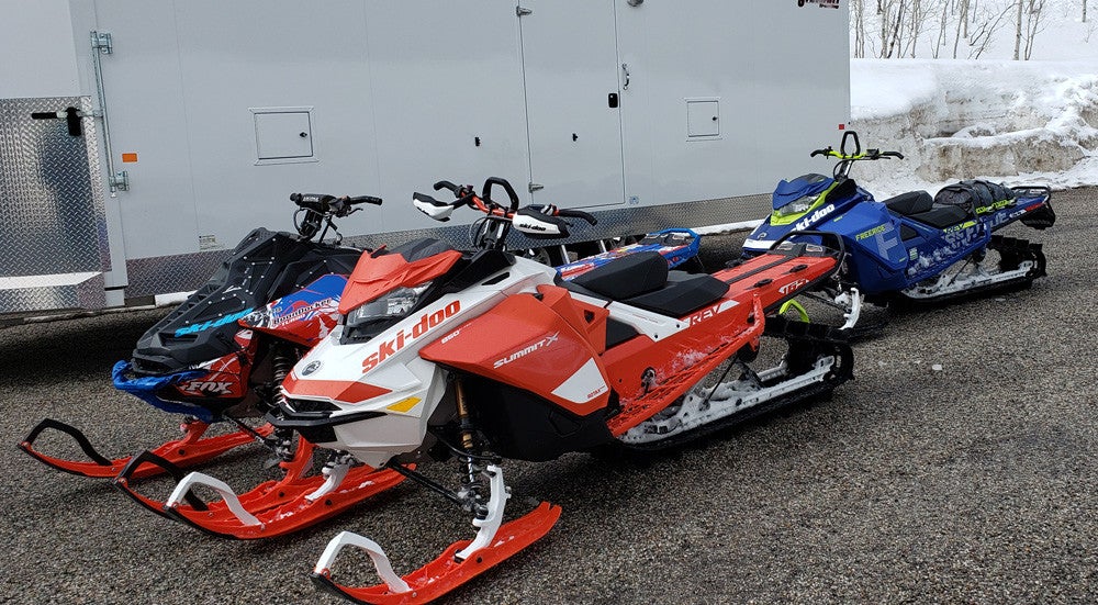 How our ride day began. Bret Rasmussen’s modified Summit X, and the 2020 Freeride and Summit Expert. We had the best of the best on this test day. Not the difference in height on the handlebars, with the Freeride being the tallest.