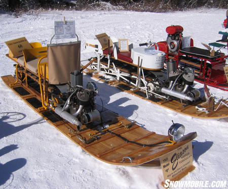 A few of the Eliason models owned by Wayne & Sherry Campbell of Millinocket, ME: (Left) 1945 Eliason Motor Toboggan Model D; (Right) 1943 Eliason Motor Toboggan Military C (Image courtesy of Jay Egan).