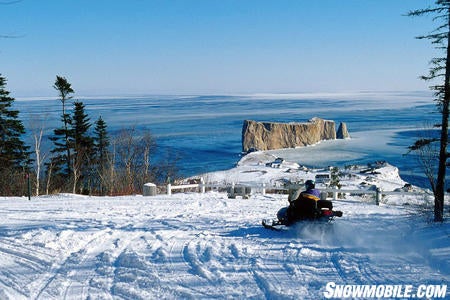 Sitting in the ocean, the famous Percé Rock seen from Mont Sainte-Anne.