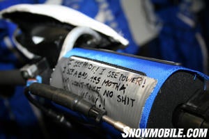 Steve Taylor's handlebar pad was fitted with some duct tape motivation. It says, "I see pride! I see power! I see a bad ass motha who won't take no shit."