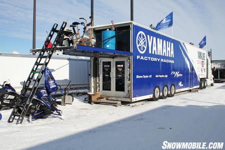 The Yamaha race trailer features full workshop facilities, living quarters, and storage for riders Iain Hayden and Steve Taylor and the entire team. The exercise bikes on the second deck give the riders an opportunity to warm up before races.
