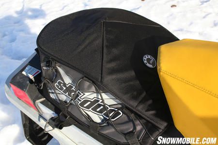 Ski-Doo's soft MX Z Tunnel Bag fits neatly between the seat and taillight assembly and provides 5-1/2 gallons of storage capacity.