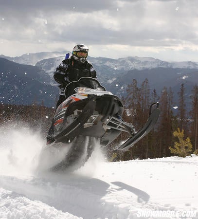 This Arctic Cat M8 shows off its new legs, boasting 163 horsepower.  Even riding at 10,000 feet in Grand Lake, Colorado we noticed a huge improvement from last year.