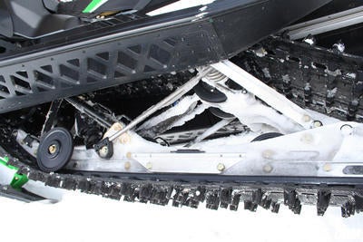 The Sno Pro 500's rear skid features the sliding rear arm and take-a-part Fox Zero Pro gas shocks.