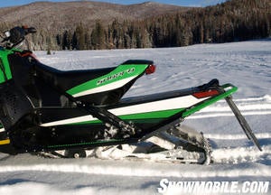 Not a long sled, Arctic Cat’s Sno Pro 500 track stretches past the race-styled seat.