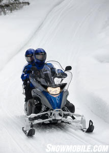 The Venture Lite is a comfortable groomed trail sled for driver and passenger. The large frame-mounted windshield kept the wind off and vibrated less than we expected.