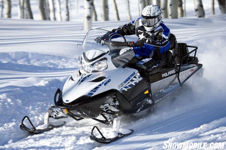 The 600 Widetrak IQ features the same Cleanfire 600cc 2-stroke twin used in Polaris’ sports sleds.