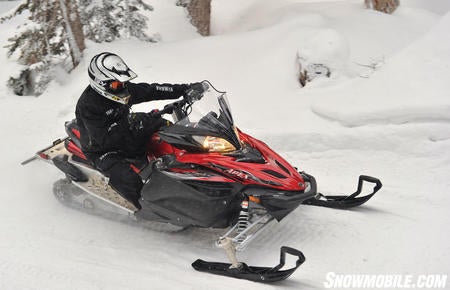 The “boonie whacking” Apex XTX features a longer track for off-trail flotation and a rear uplift on the suspension rails to give it short track handling on groomed trails.