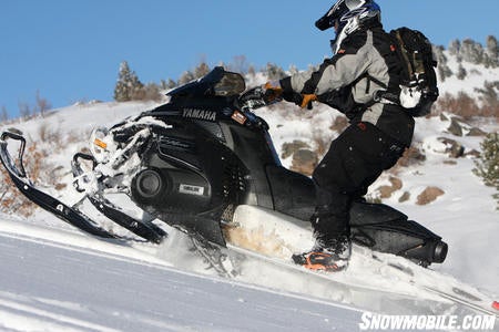 The Yamaha Nytro shows that it too can put its power to the snow leaving the skis dangling in the air.
