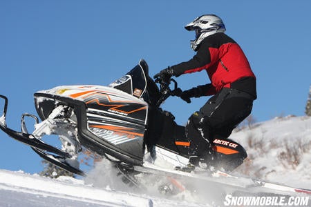 The M8 piloted by Kevin Allred has plenty of power to climb the hill with its skis in the air, during the up hill timed run.