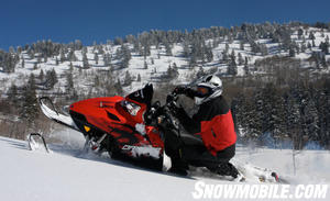 The Polaris Dragon 800 is the flagship of the Mountain segment. It comes stock with Pro-taper bars, and Walker Evans shocks.  It has ice scratchers instead of boogie wheels to cut down on weight.