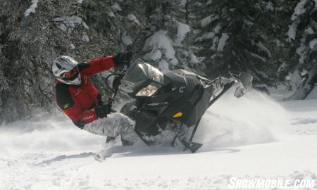 Showing off the Ski-Doo Summit’s new sidehilling capabilities.