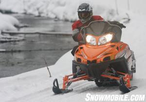 The Arctic Cat Crossfire 8’s adjustable 42 to 44-inch front end is well suited for running high-speed corners.