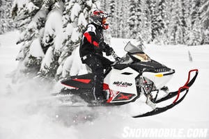 This Ski-Doo’s PowderMax track with 1.75-inch lugs grips powder for impressive back country performance.