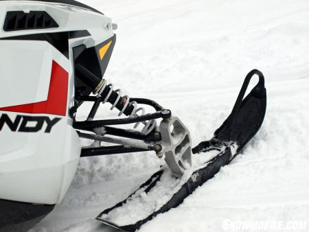 Polaris’ Pro-Steer plasticized skis are very rider-friendly and work well with the RydeFX shock controlled A-arm front suspension.