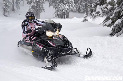 You can opt for pink graphics, but this extended track Polaris is no ‘girly-girl’ sled.