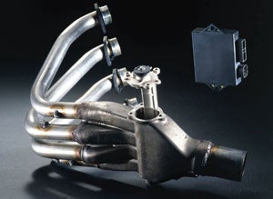 The EXUP system on a four-cylinder motorcycle engine also fits between the headers and the muffler junction.