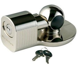 We’ve fitted Master Lock’s chrome 377DAT Universal Trailer Coupler Lock when we store our trailers.