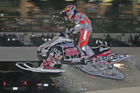 In the Pro Open final, Lavallee launches his sled over one of the front straight doubles. In the Pro Open final, Lavallee launches his sled over one of the front straight doubles.