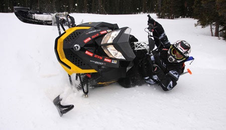 The Summit X-RS Hill Climb Edition is Ski-Doo's version of a mountain race sled. It has a wider front end at 42 inches and a taller more aggressive handle bar.