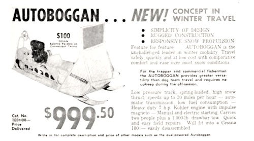 In the mid-1950s Polaris’ Sno-Traveler was sold in western Canada as the Autoboggan. Vintage Autoboggan Snowmobile