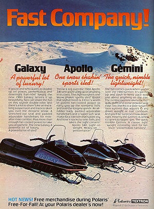 Polaris advertised the 1980 Galaxy as a new luxury model with long travel and plush ride.