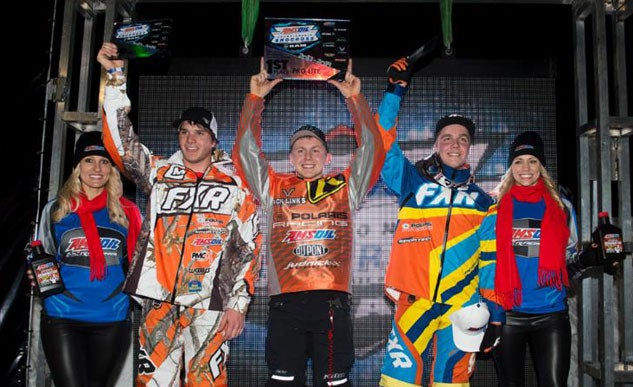 James Johnstad (center) celebrates Saturday's Pro Lite victory on the podium. Andrew Carlson (left) and Marcus Johansson (right) finished second and third. Spirit Mountain Pro Lite Podium