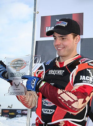 Ross Martin poses for the cameras atop the podium at the 2008 WSA National at Canterbury Park. He would go on to clinch the 2008 WSA Pro Open season championship for Polaris. 