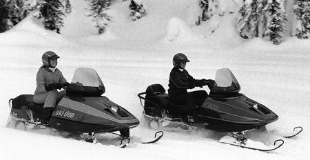 State of the art in 1987 meant Positive Steering Suspension for the new Ski-Doo Stratos (left) and two-up Escapade.