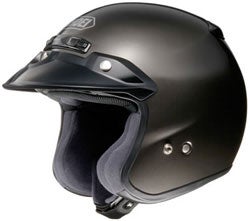 Combining goggles and a shield with an open face helmet like this Shoei RJ Platinum design is one option for springtime’s warm weather riding. (Image courtesy of Shoei Helmets)