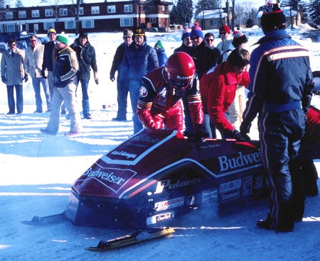 The Warning Collection includes versions of the Budweiser speed sled shown here ready to run in Minnesota about 1979.