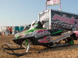 This Arctic Cat “special edition” snowmobile will be used to help Pink Ribbon Riders raise money for Cancer research.