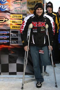 Injured racer ‘Monster’ Mike Schultz is recovering quickly and was in attendance at the ISOC Canterbury Park National on Jan. 10.