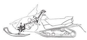 If EPS appears on future Yamaha snowmobiles, it may fit into the sled like this. Note that the EPS motor at the bottom of the steering shaft sits centered in the sled’s centralized mass area.